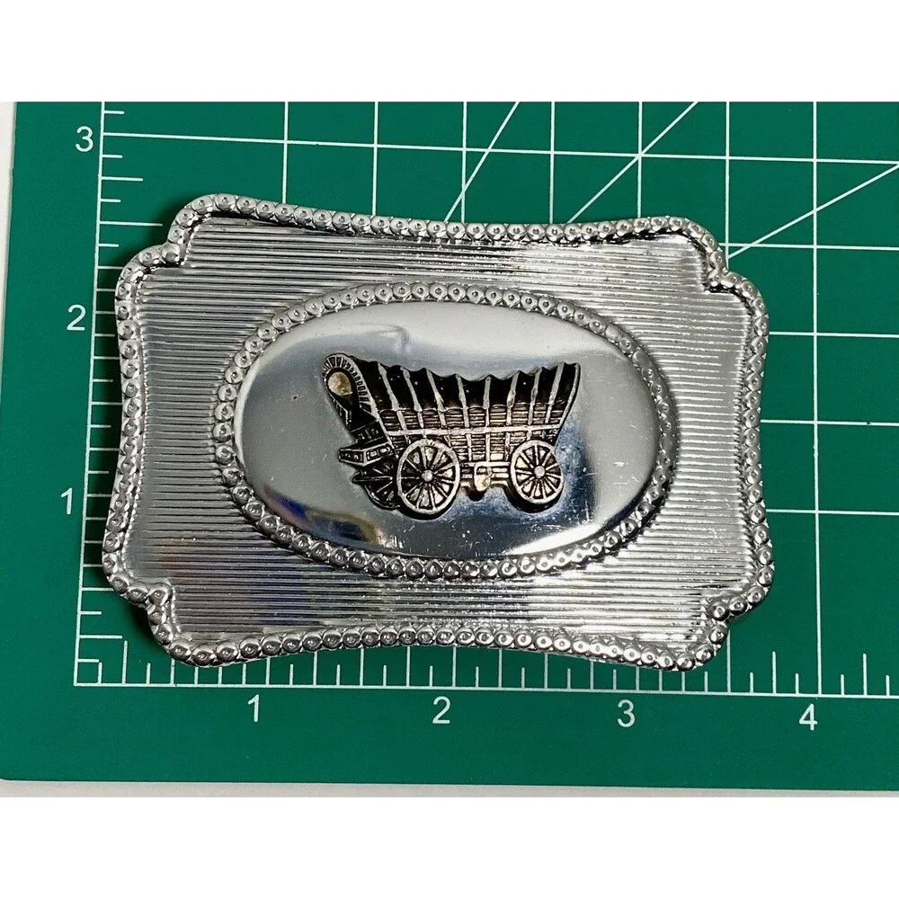 Vintage Western Belt Buckle Covered Wagon Old West USA Silvertone 80s